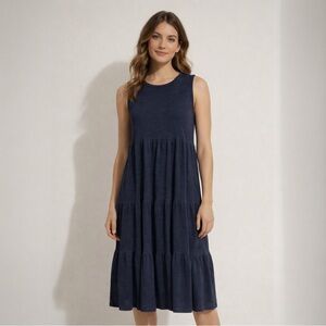 Nicole Miller Navy Tiered Sleeveless Mid-Calf Dress Size L